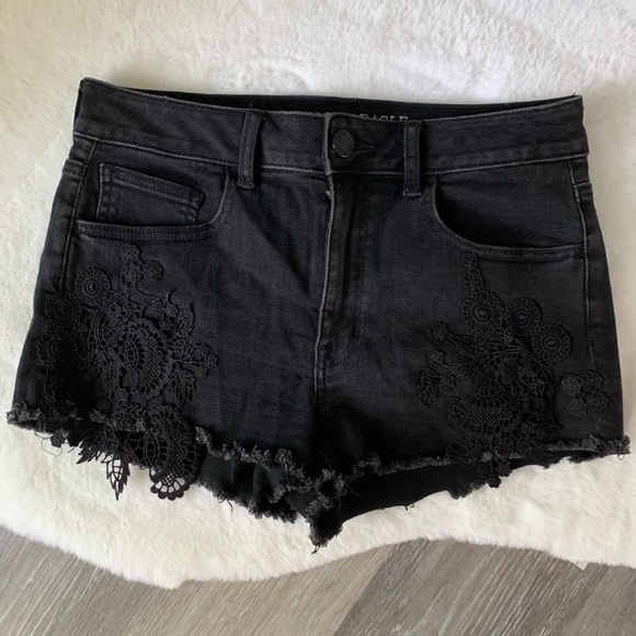 AE lace embellished black jean shorts - Picture 2 of 3